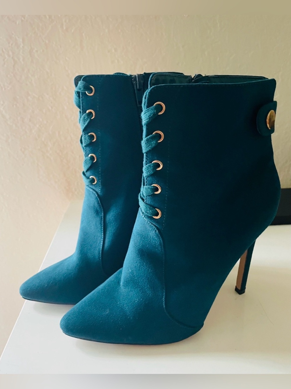 Shoe Dazzle Teal Pointed-Toe Lace-Up Stiletto Ankle Boots